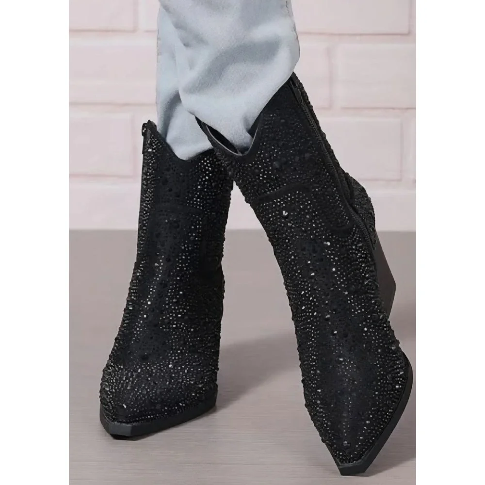 Betsey Johnson Black Rhinestone Embellished Western Ankle‎ Boots Women